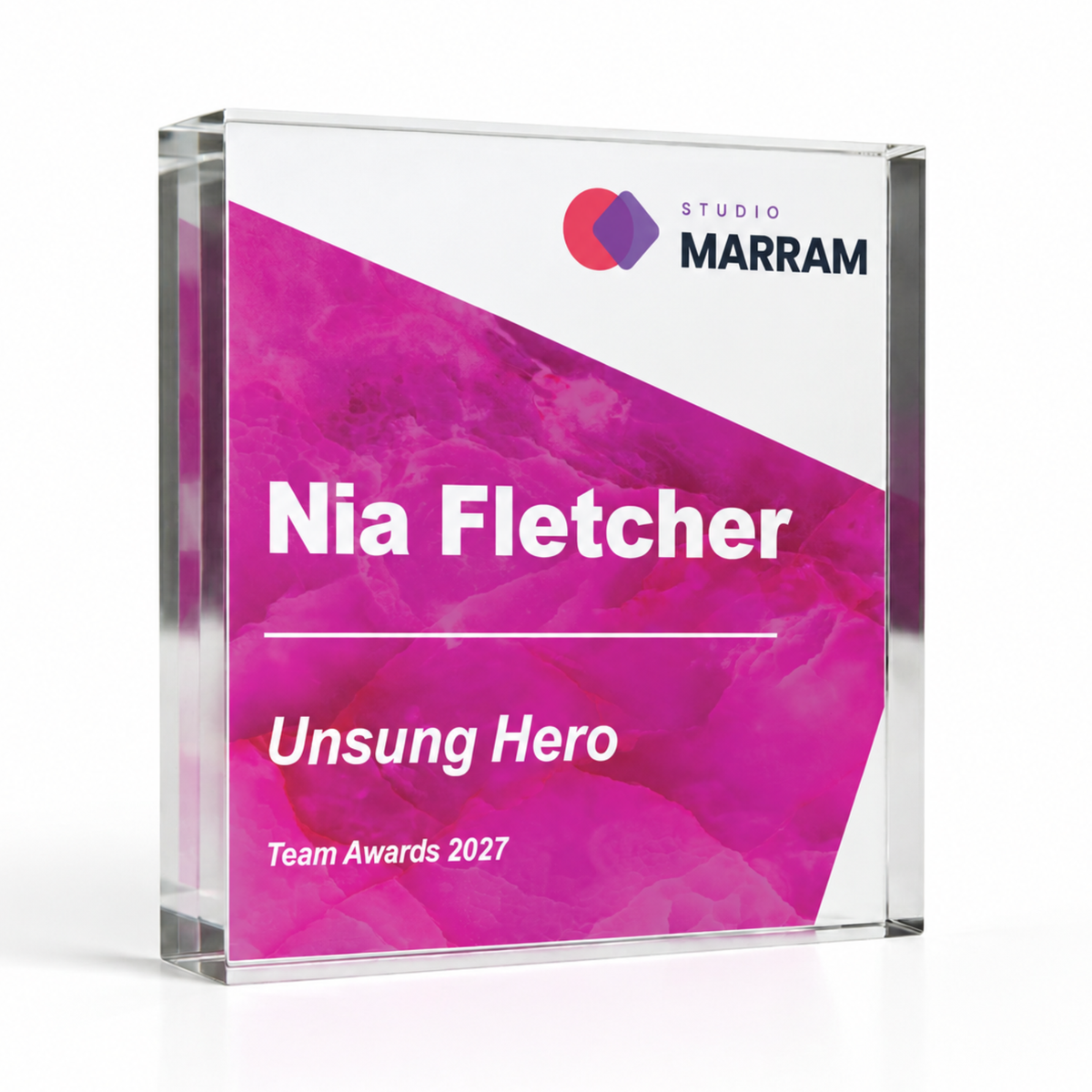 Corporate award in 15 x 15cm square, pink Unsung Hero team award with company logo