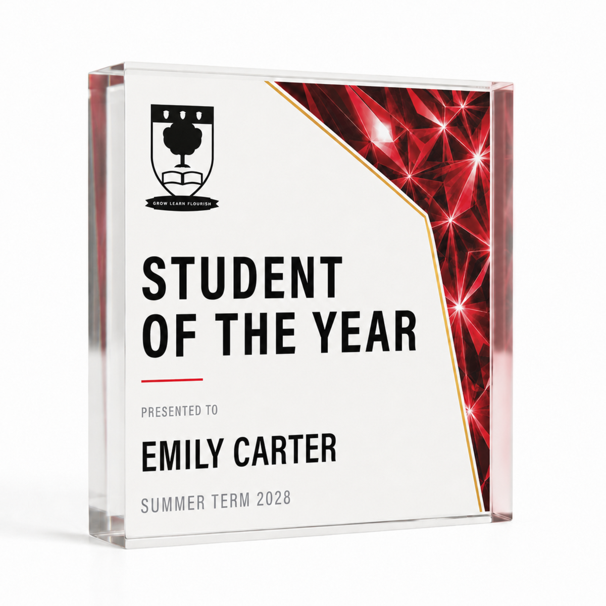 Prism acrylic award in 15 x 15cm square, red Student of the Year award with school crest