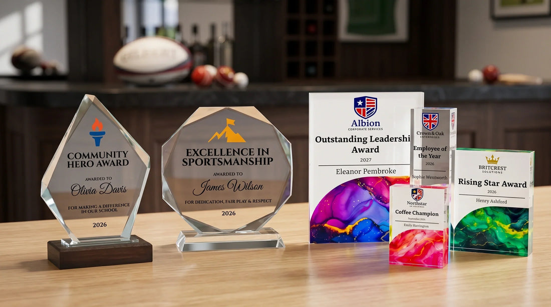 Collection of crystal trophy awards in different shapes and designs, including community hero, sportsmanship, leadership, employee of the year, and rising star awards.
