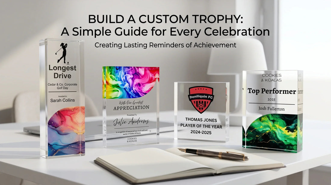 Personalised acrylic trophies showing custom designs, engraved names and logos for sports and business awards