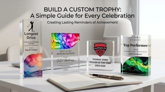 Personalised acrylic trophies showing custom designs, engraved names and logos for sports and business awards