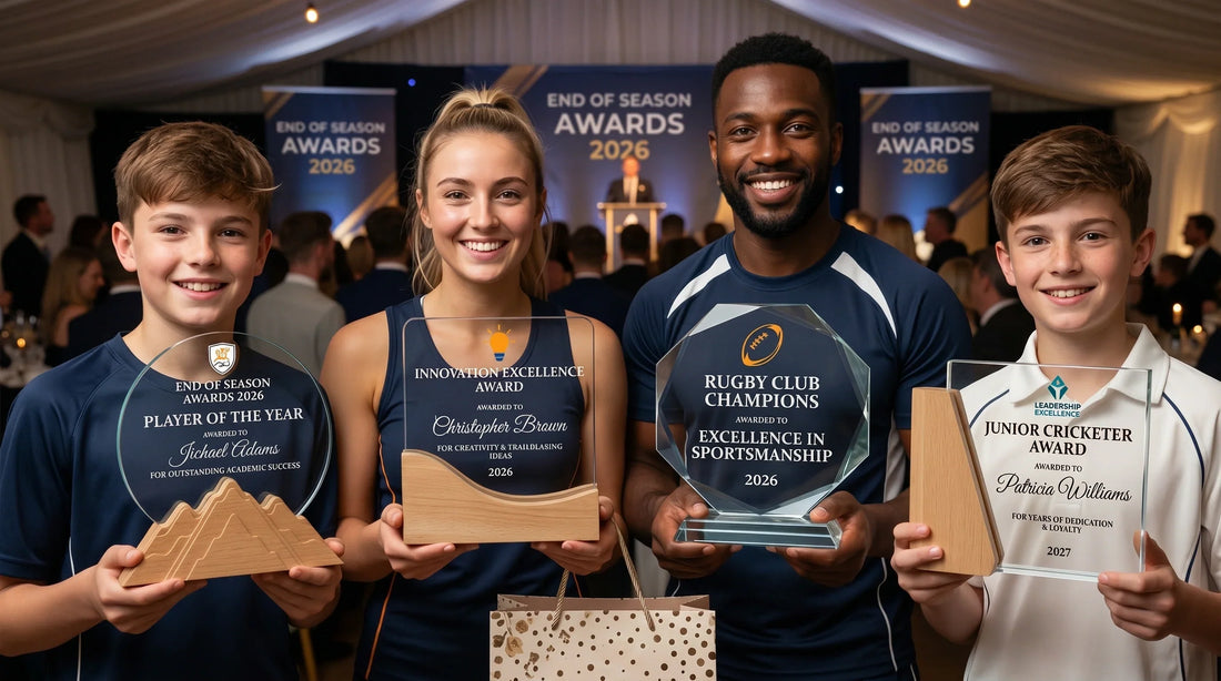 Glass trophy awards presented to sports and academic achievers at an end of season awards ceremony