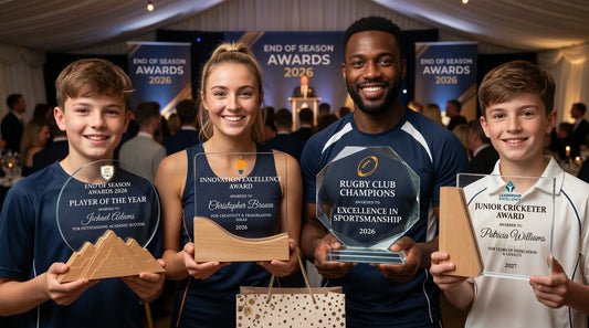 Glass trophy awards presented to sports and academic achievers at an end of season awards ceremony