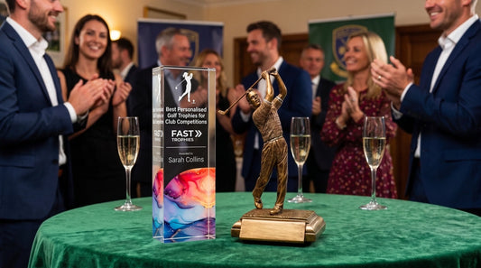 Personalised golf trophies for club competitions displayed at an award ceremony with custom engraved glass trophy and golfer figurine trophy on green table