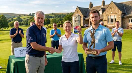 Golf tournament presentation day 2026 award ceremony outdoors at a golf club, featuring winners holding golf trophies and a man shaking hands with a woman.