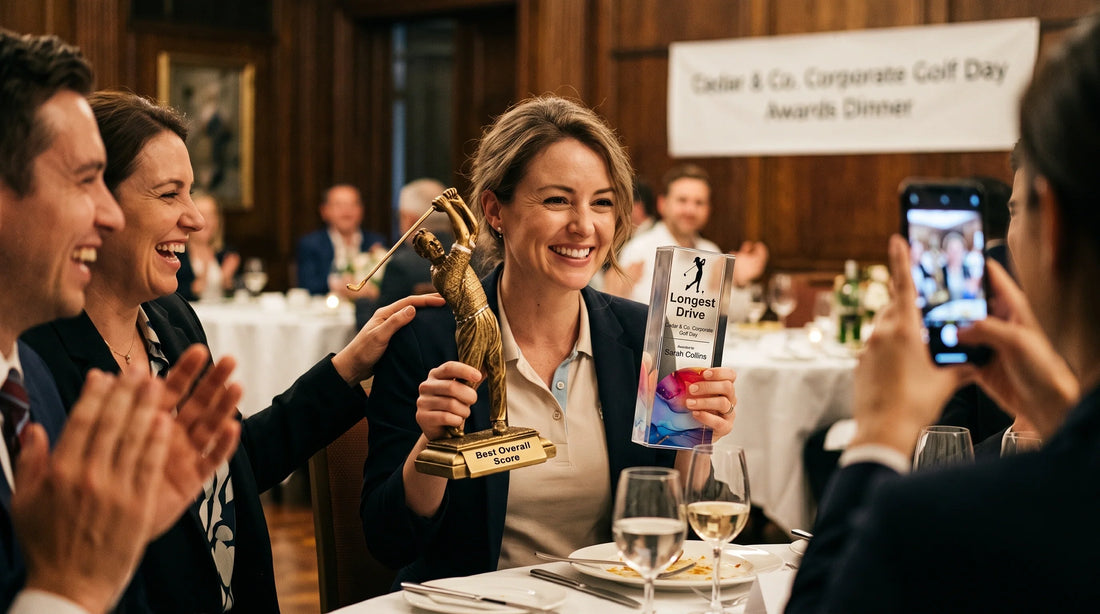 Cedar & Co. Corporate Golf Day Awards Dinner indoor banquet, with a smiling woman holding a 'Best Overall Score' figurine trophy and a 'Longest Drive' crystal award as colleagues applaud and take photos.