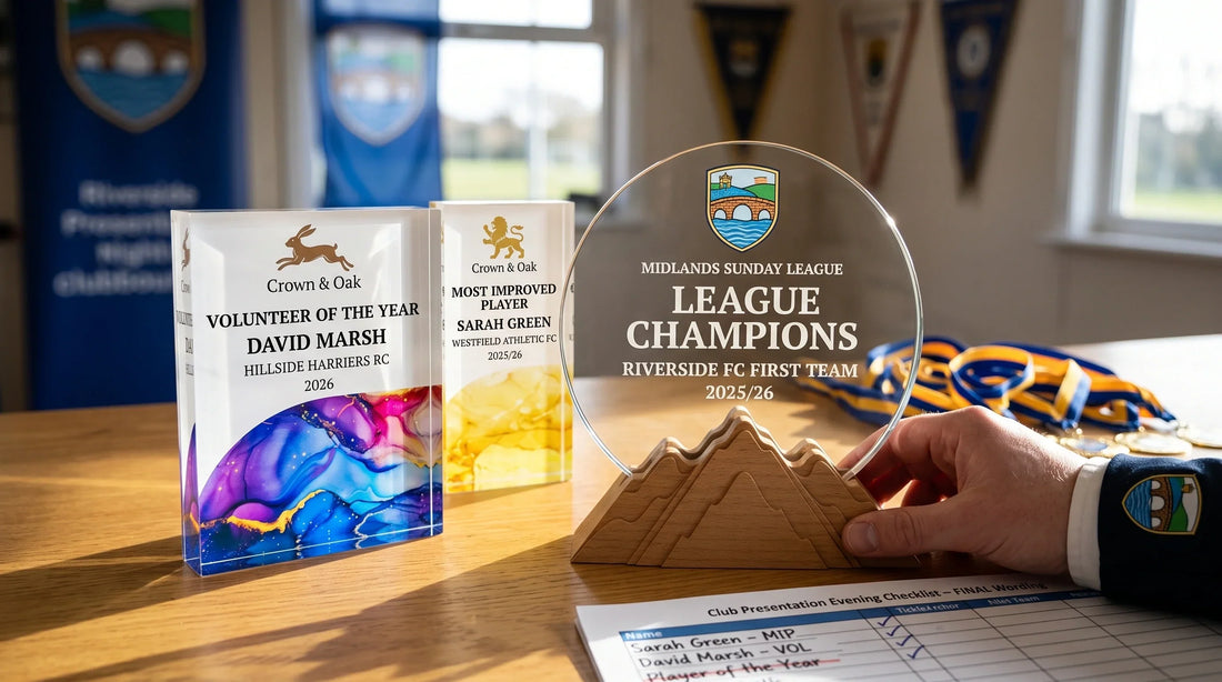Personalised crystal sports trophies with award titles, names, clubs and seasons