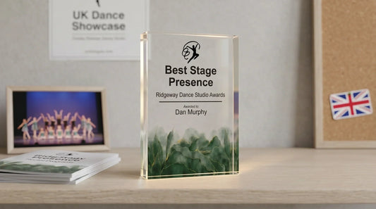 Custom acrylic dance trophy block with personalized engraving for UK dance studio awards.