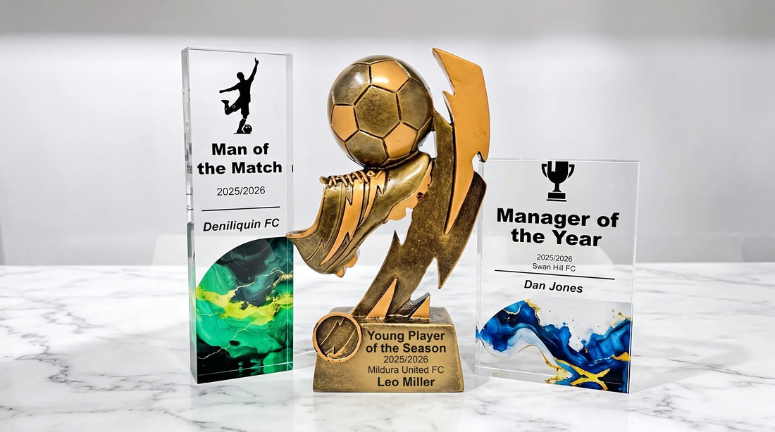 Personalised football trophies and awards, including Man of the Match, Manager of the Year and Young Player of the Season trophies