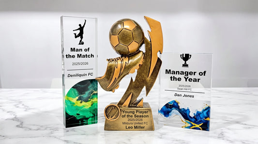 Personalised football trophies and awards, including Man of the Match, Manager of the Year and Young Player of the Season trophies
