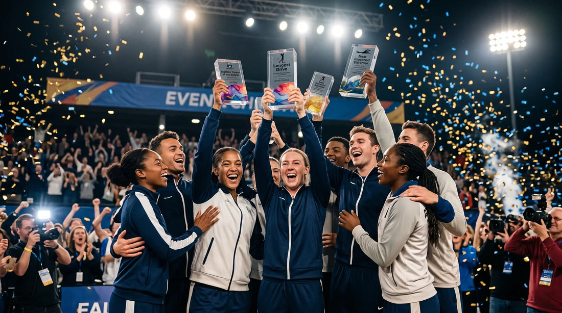 Sports championship stadium celebration, featuring a winning team of athletes in matching tracksuits raising custom crystal trophies high in the air amidst falling confetti and cheering crowds.