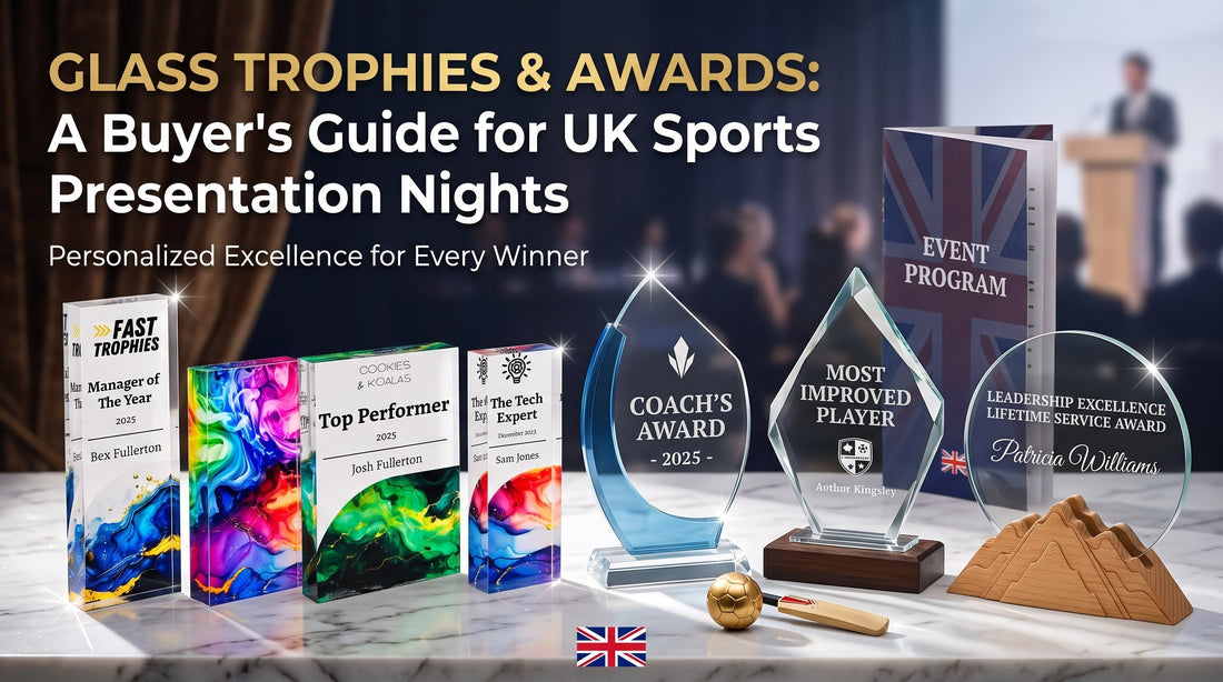 Collection of personalised glass trophies and awards for UK sports presentation nights, featuring engraved glass plaques, acrylic awards, and custom recognition trophies.