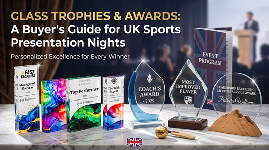 Collection of personalised glass trophies and awards for UK sports presentation nights, featuring engraved glass plaques, acrylic awards, and custom recognition trophies.