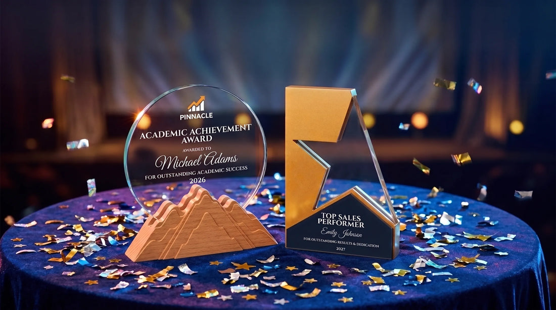 Side-by-side comparison of a custom glass trophy and a gold metal trophy on a blue velvet table with confetti, engraved awards from FastTrophies