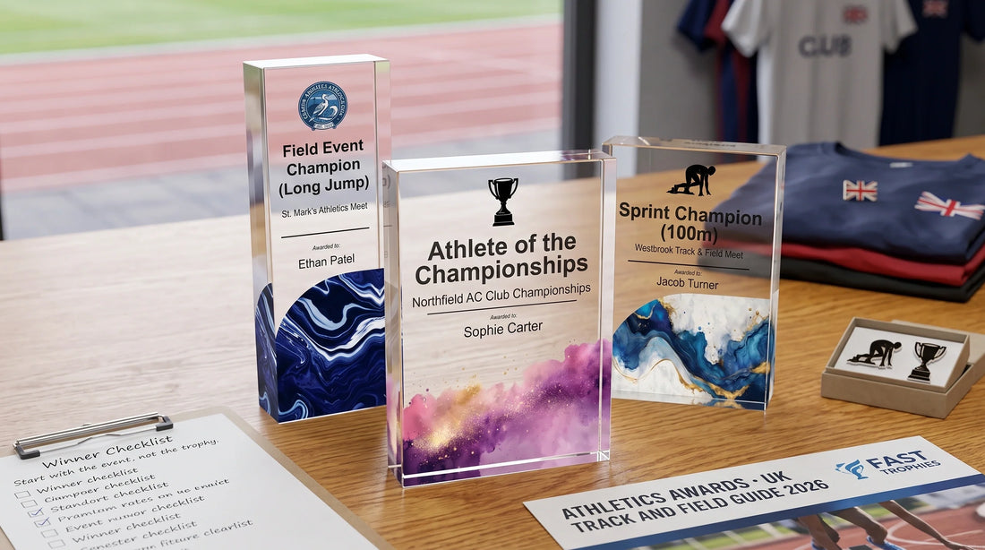 Personalised athletics trophy blocks for track and field champions, featuring custom long jump, sprint and athletics award designs.