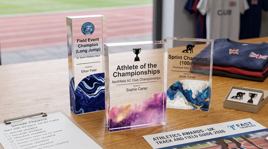 Personalised athletics trophy blocks for track and field champions, featuring custom long jump, sprint and athletics award designs.