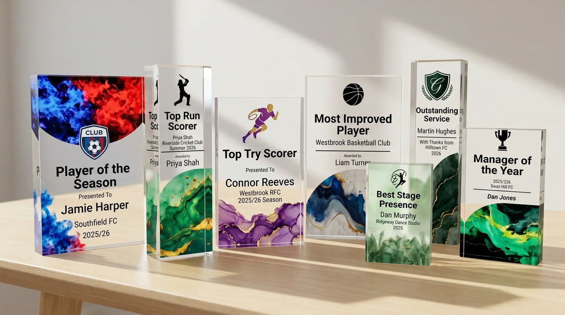 Personalised sports trophies for UK clubs, featuring custom acrylic awards for football, cricket, rugby, basketball and other sports