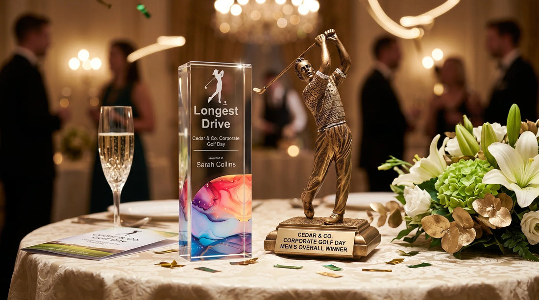 Cedar & Co. Corporate Golf Day indoor awards banquet table, displaying a 'Longest Drive' crystal trophy and a 'Men's Overall Winner' figurine trophy alongside a champagne glass, event program, and floral arrangement.