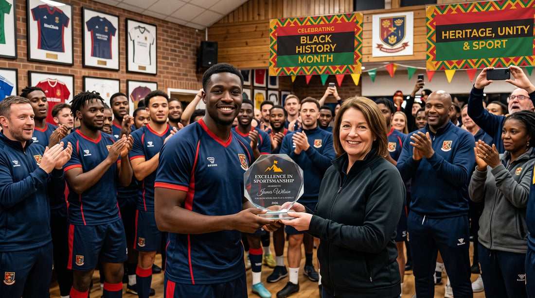 Player receiving a sportsmanship trophy at a Black History Month celebration in a sports clubhouse, with teammates applauding.