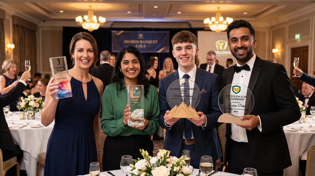 Awards Banquet Gala indoor ceremony, featuring four smiling winners holding customized awards including a 'Longest Drive' crystal block, 'Umpires' Award', 'Academic Achievement Award', and an 'Excellence in Leadership' trophy
