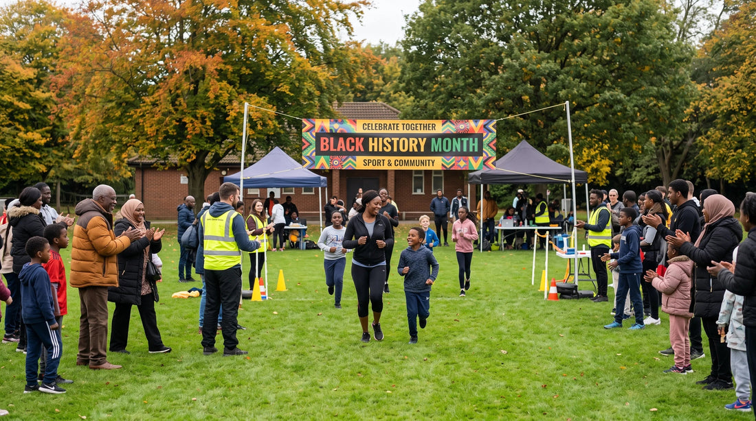 Participants running across the finish line under a Black History Month sport and community banner with cheering spectators on a green park field.