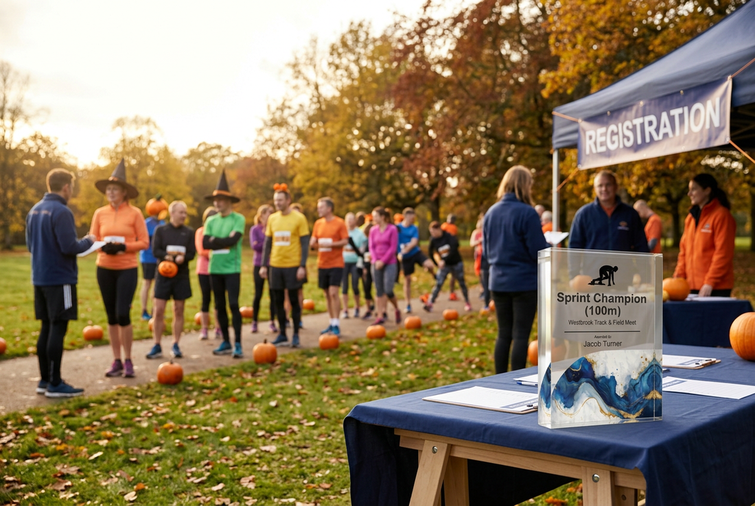 Acrylic athletics trophy on a Halloween charity run registration table, with costumed runners and pumpkins in an autumn park.