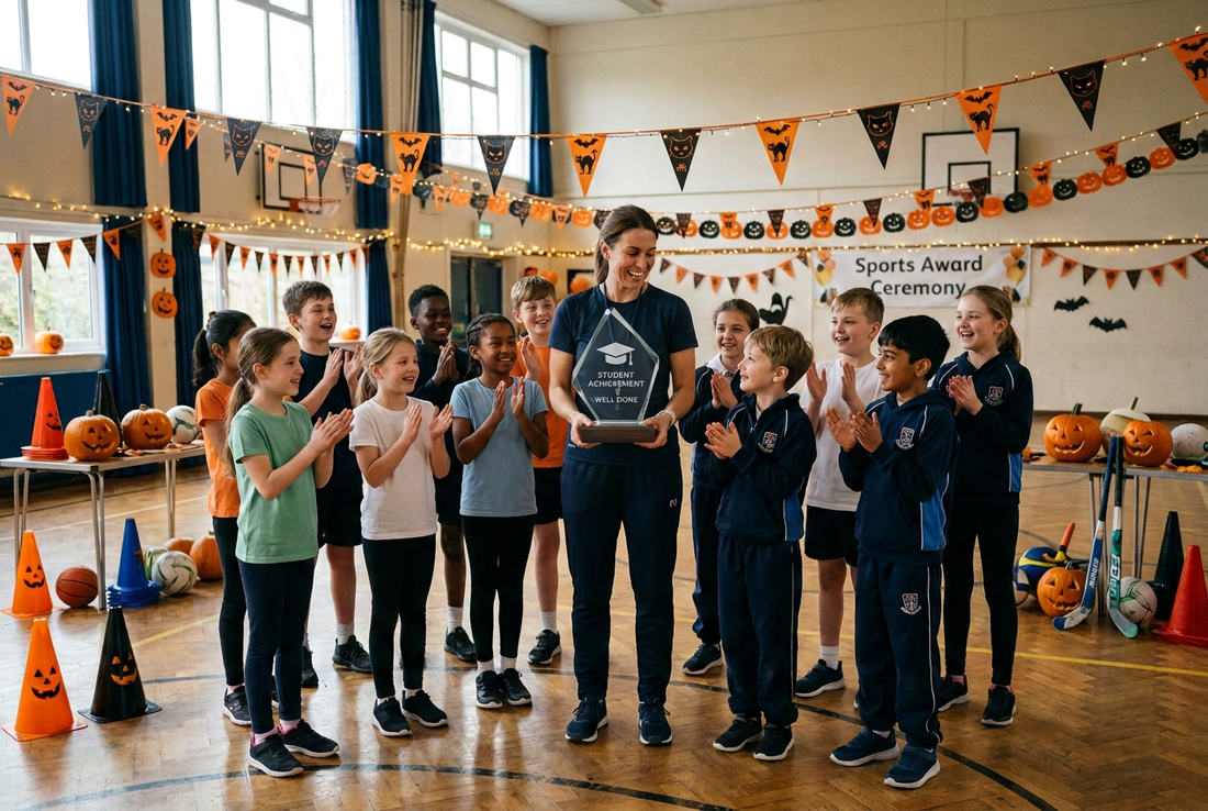 Coach holding a diamond-shaped Student Achievement trophy as pupils applaud at a Halloween school awards celebration.