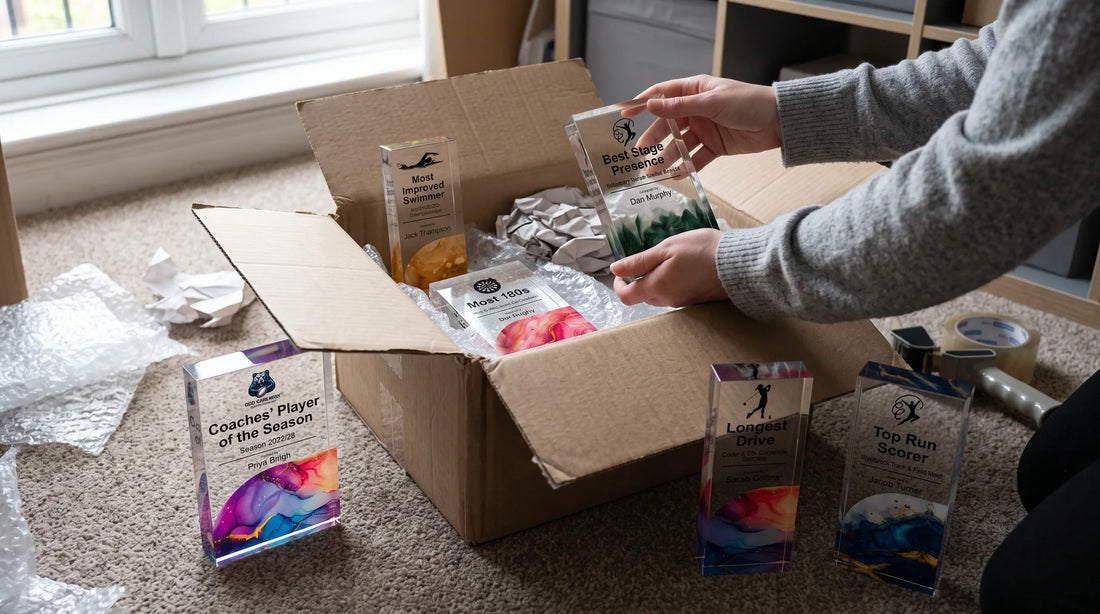 Person unpacking and organizing crystal and acrylic award trophies from a cardboard box on a carpeted floor.