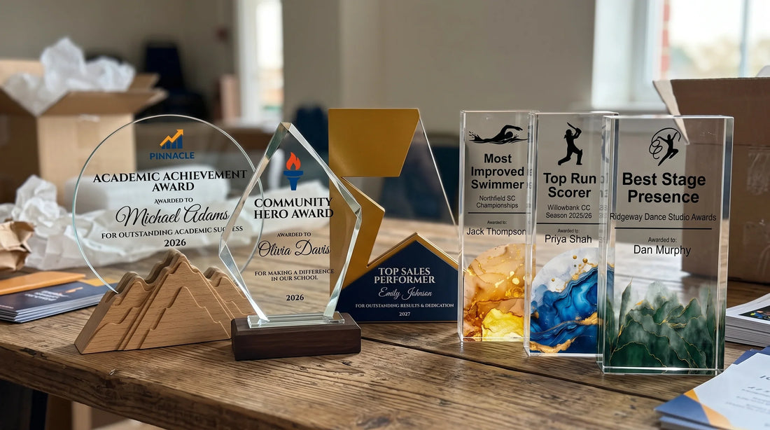A collection of six personalized custom acrylic and glass award trophies, including academic, community, and sales performance awards, displayed on a wooden table