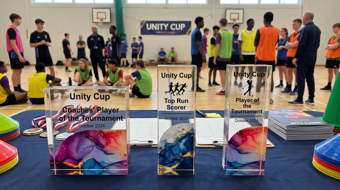 Three custom Unity Cup tournament trophies and awards displayed on a blue table with athletes and coaches gathered in the indoor sports hall background.
