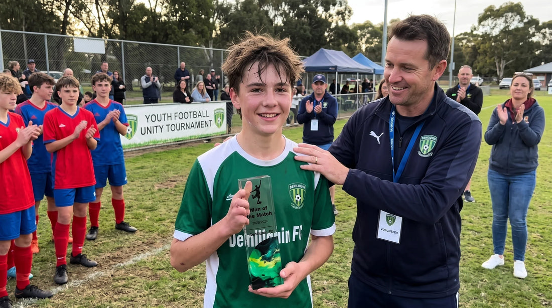 A young football player smiling and holding a Man of the Match trophy next to a coach with teammates and spectators applauding in the background at an outdoor sports pitch.