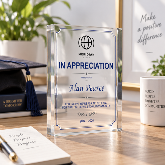 Acrylic certificate award plaque printed In Appreciation for twelve years as a trustee, custom recognition plaque