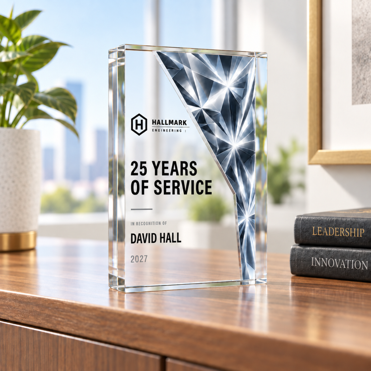 Custom acrylic award with company logo for 25 Years of Service, silver prism glass-effect design