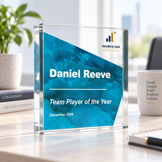 Custom corporate award with company logo, teal Colour Block acrylic trophy for Team Player of the Year