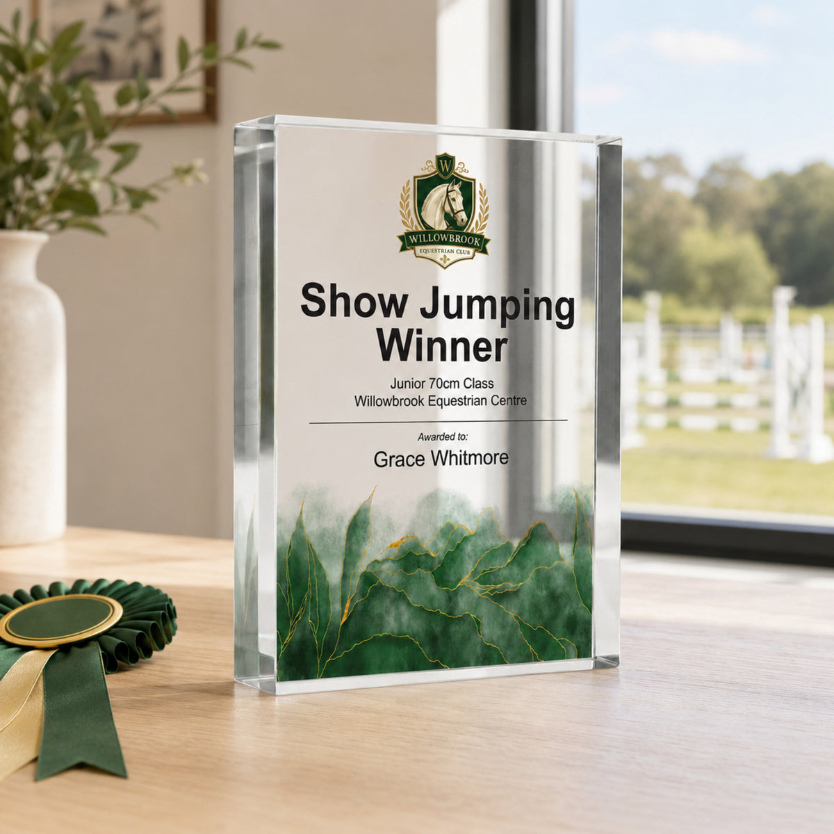 Show Jumping Winner trophy with a riding club crest for a show class prize