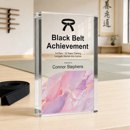 Black Belt Achievement trophy in clear acrylic for a dojo grading night