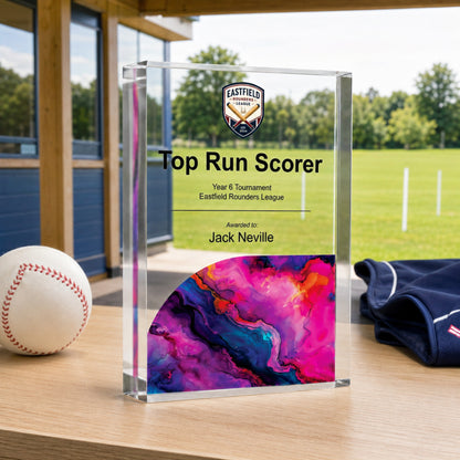 Top Run Scorer rounders trophy with a school crest for an end of term presentation