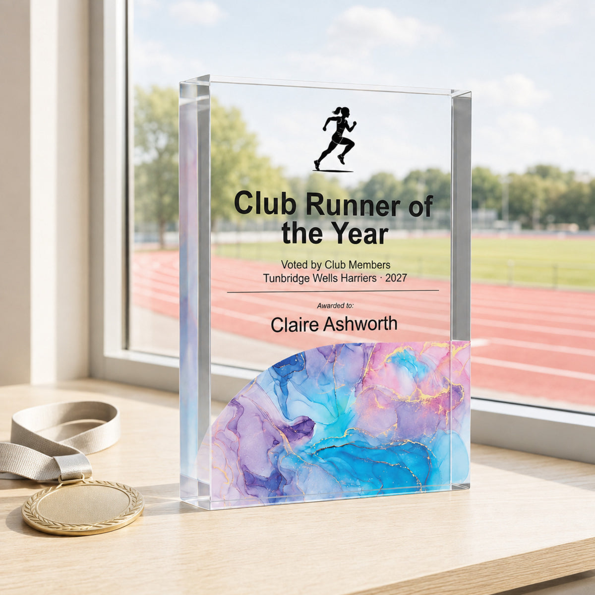 Club Runner of the Year acrylic trophy for a running club presentation evening