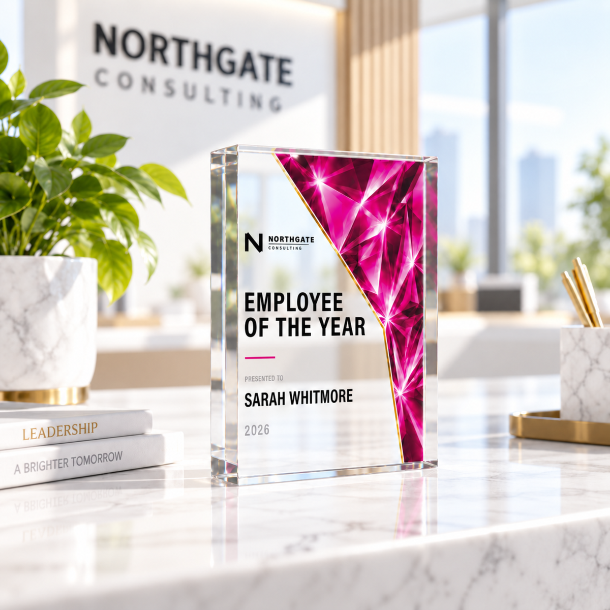 Awards night trophy for Employee of the Year with company logo, pink glass-effect prism acrylic
