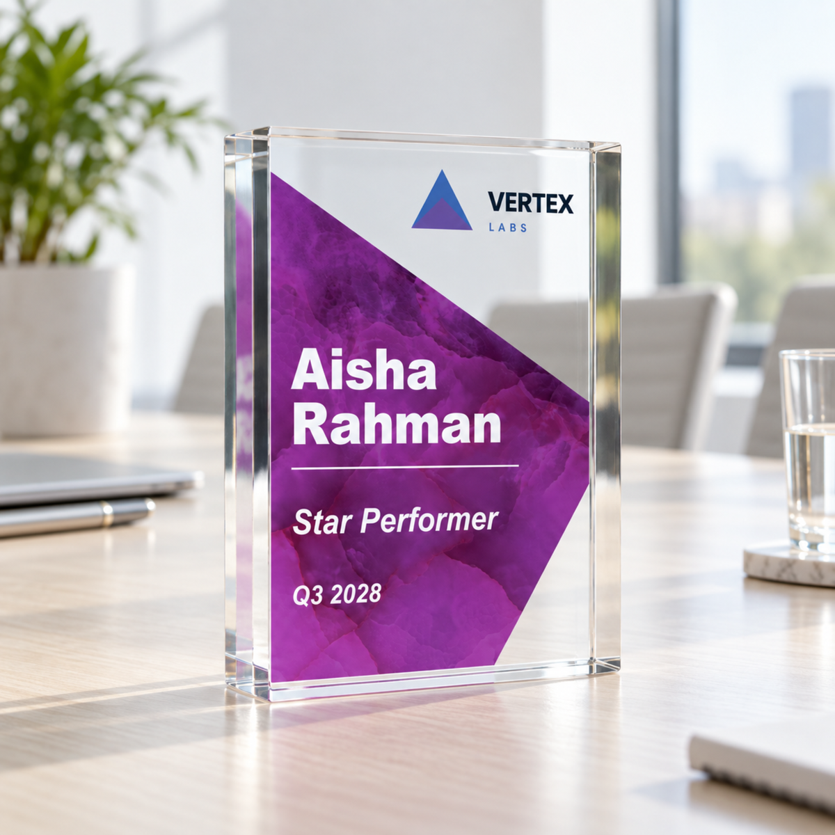 Employee recognition award printed with a company logo, purple Star Performer acrylic trophy in an office