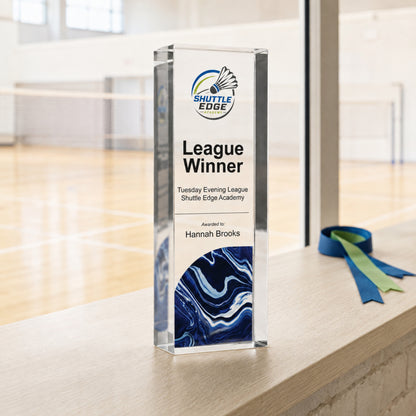 Slim upright badminton trophy printed with a club crest for a league winner award