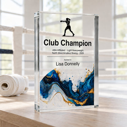 Club Champion boxing award in clear acrylic with a boxer symbol and blue gold base