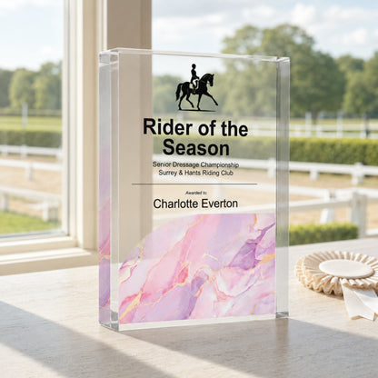 Rider of the Season equestrian trophy with a horse and rider symbol