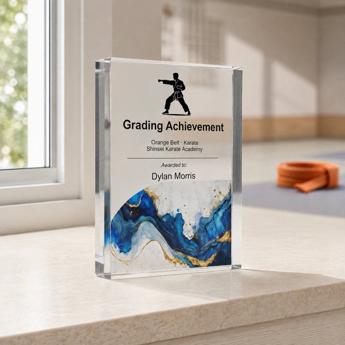 Grading Achievement karate trophy for a belt promotion ceremony