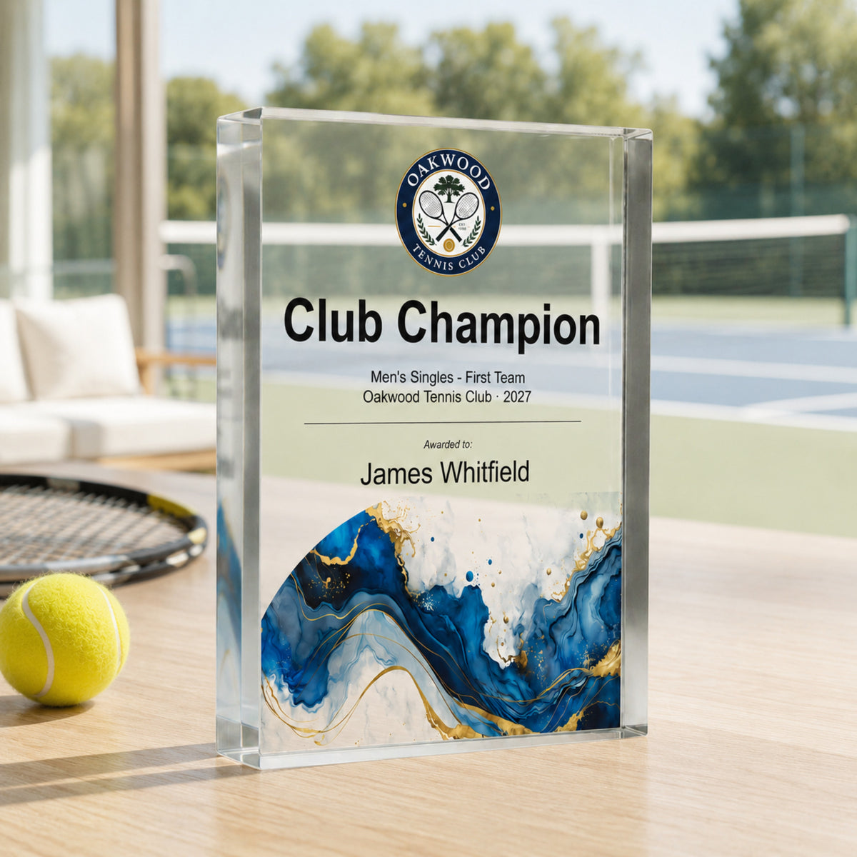 Tennis club champion trophy printed with a club crest for a championship final
