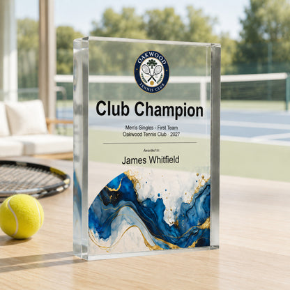 Tennis club champion trophy printed with a club crest for a championship final