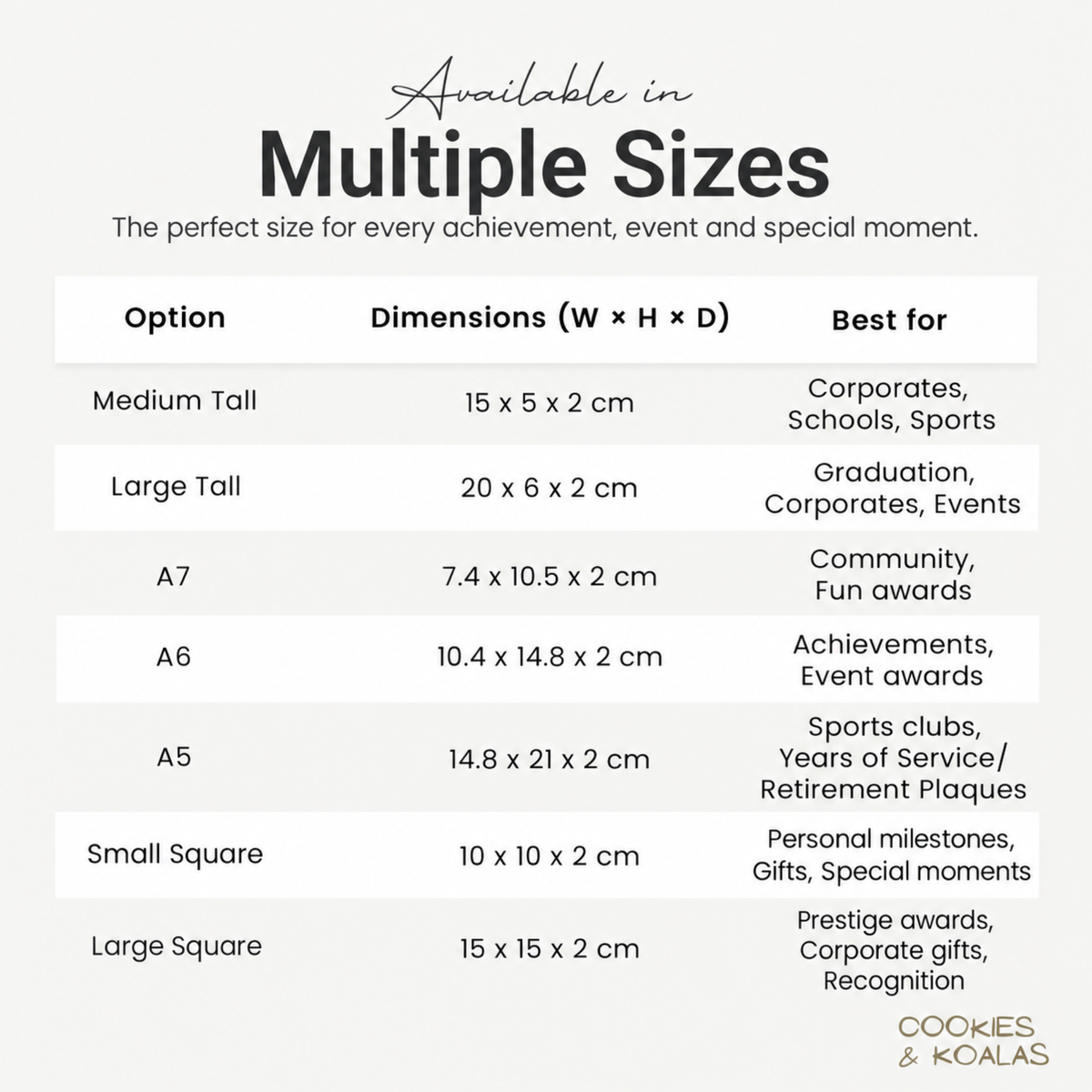 Corporate award trophy sizes UK: slim talls, A7, A6, A5 and square acrylic awards with measurements