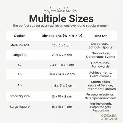 Corporate award trophy sizes UK: slim talls, A7, A6, A5 and square acrylic awards with measurements