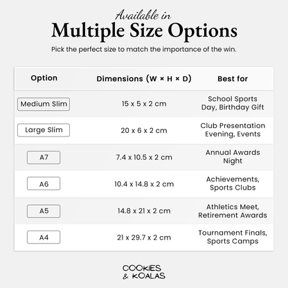 Cycling trophy size guide, six sizes from A7 to A4 plus slim uprights with cm dimensions