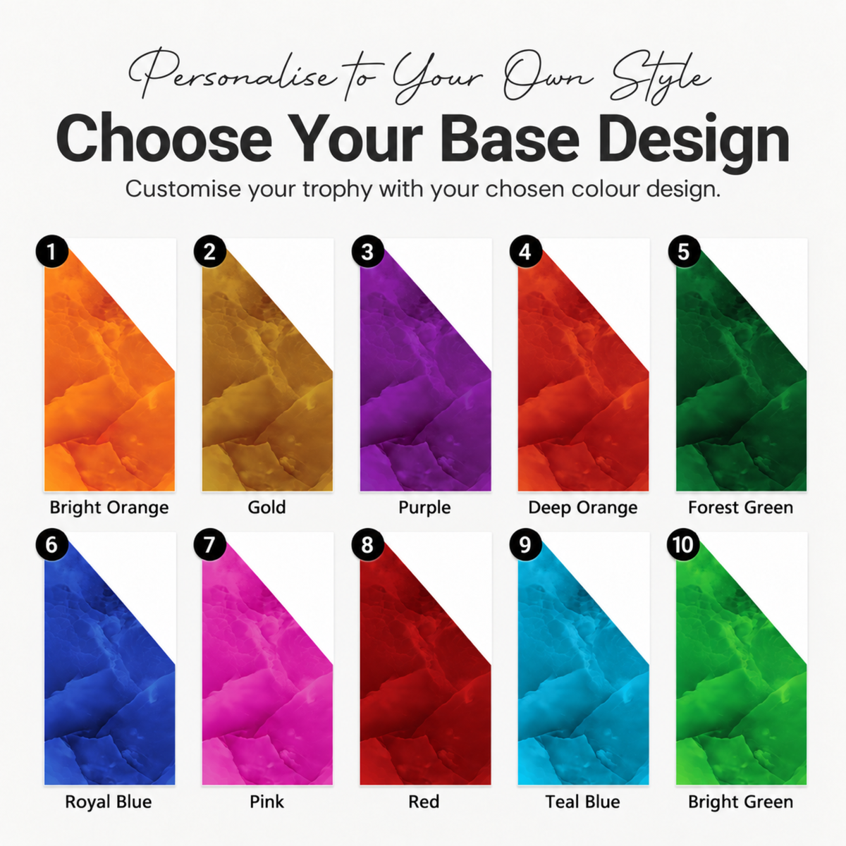 Ten brand colours for custom corporate awards: royal blue, teal, forest green, bright green, gold, orange, red, pink, purple